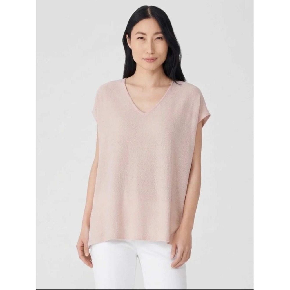 Eileen Fisher Pink Extra Fine Merino Wool V-Neck Sweater Top M Boxy Oversize